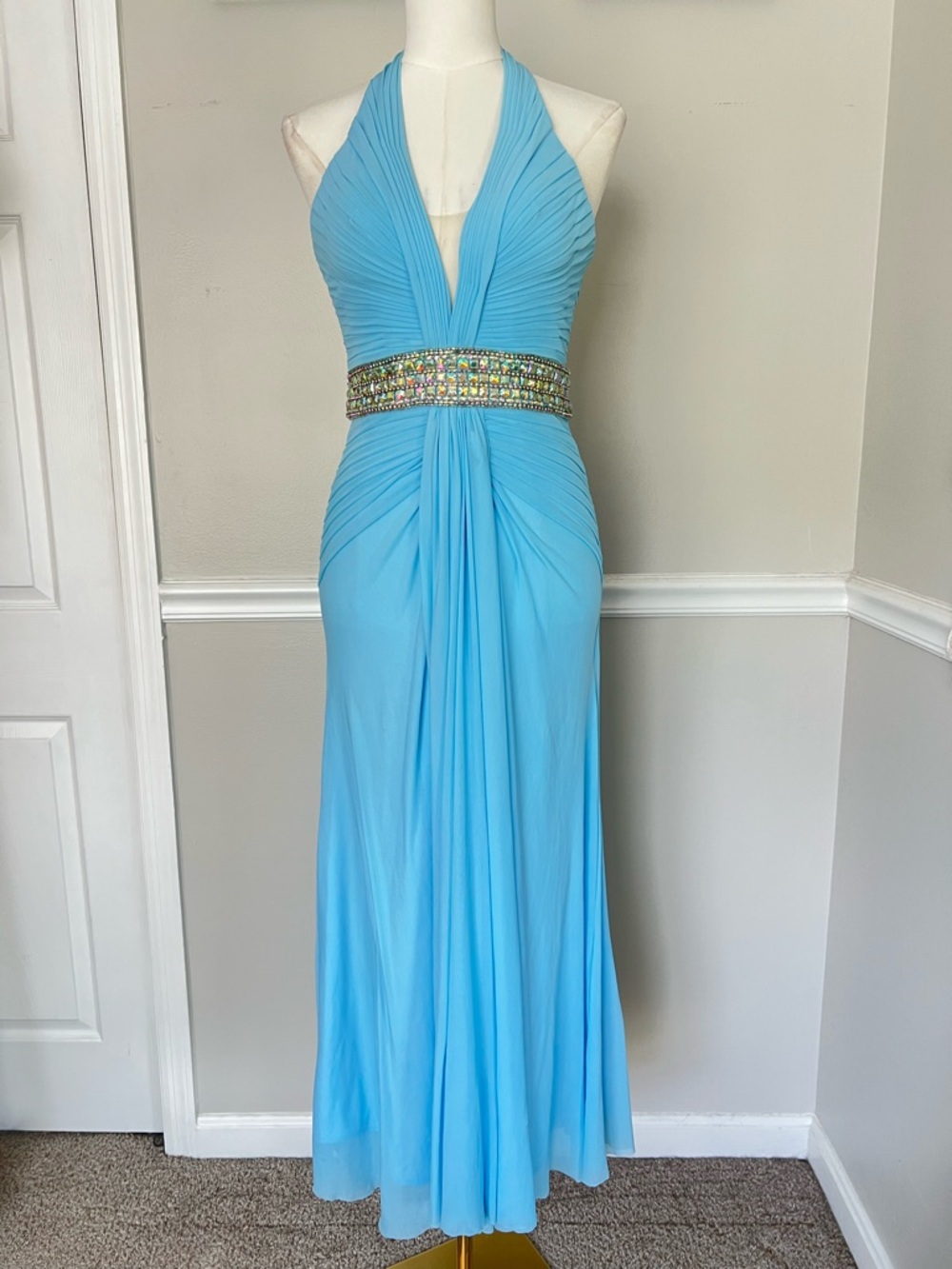 Vintage Y2K Tony Bowls Ice Blue Jeweled Halter Prom Dress - Picture 2 of 9